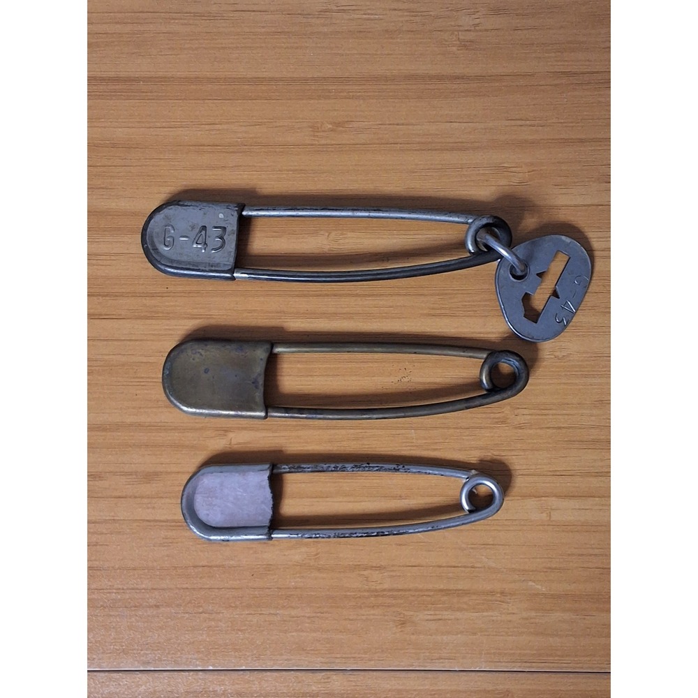 Vintage Industrial Laundry Safety Pins Lot of 3 G-43 Metal Tag Kilt Blanket Pins